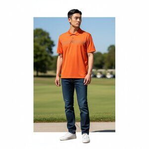 Adidas Mens Size XL Orange Climalite Short Sleeve Collar Button Golf Polo Shirt